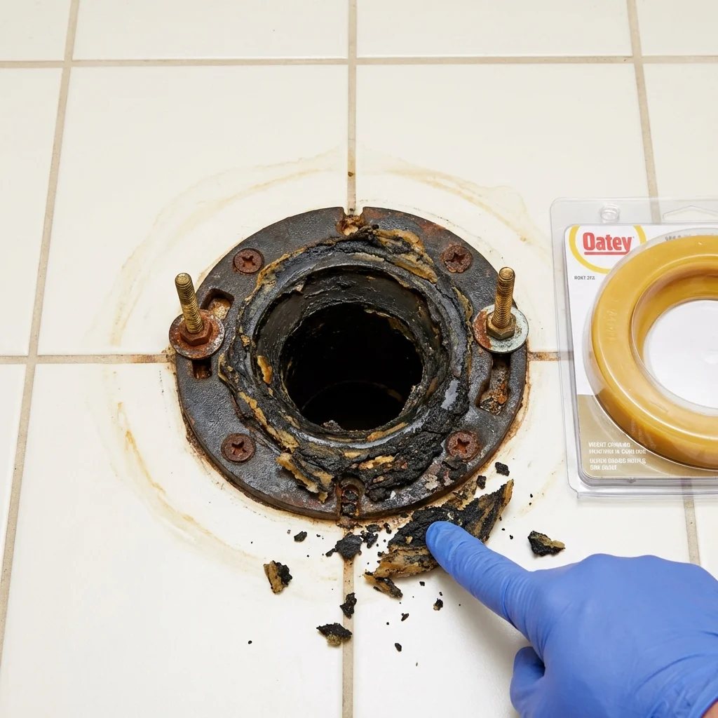 Failed wax ring showing water seepage at the base of a toilet in a Liberty, KY home