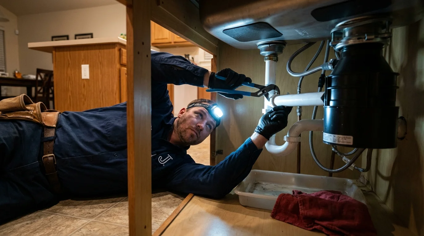 P-trap and supply line connections under a kitchen sink showing a common leak point in Liberty, KY